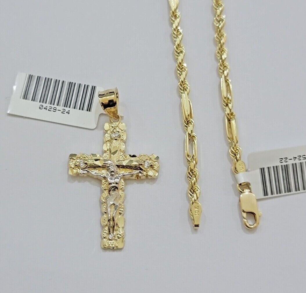 10kt Gold Milano Rope Chain Cross Charm Pendant Set 18 - 24 Inch 3mm Necklace REAL - GoldenlinQ